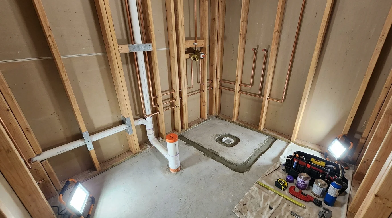 Bathroom rough-in plumbing during remodel by Johns Plumbing LLC in Chauvin