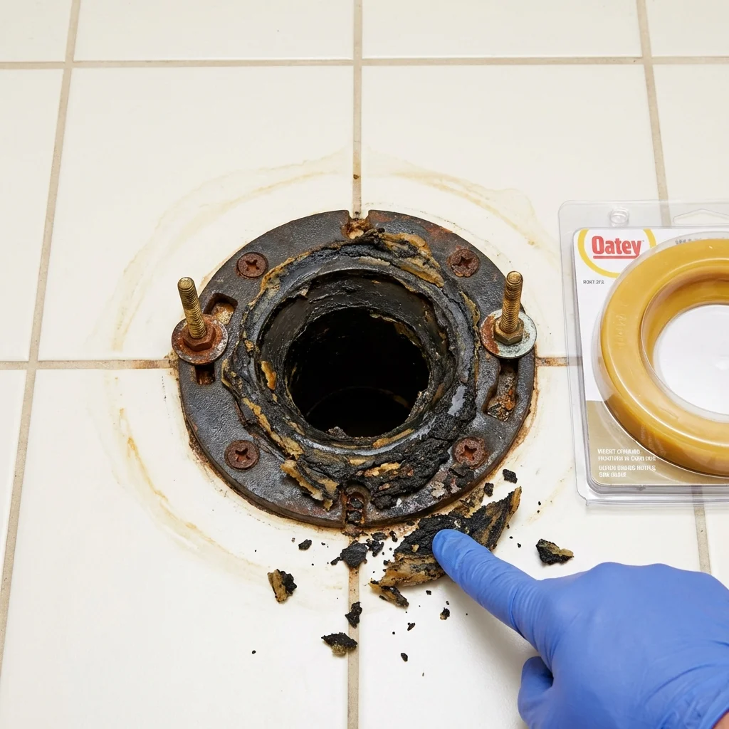 Failed wax ring showing water seepage at the base of a toilet in a Chauvin, LA home
