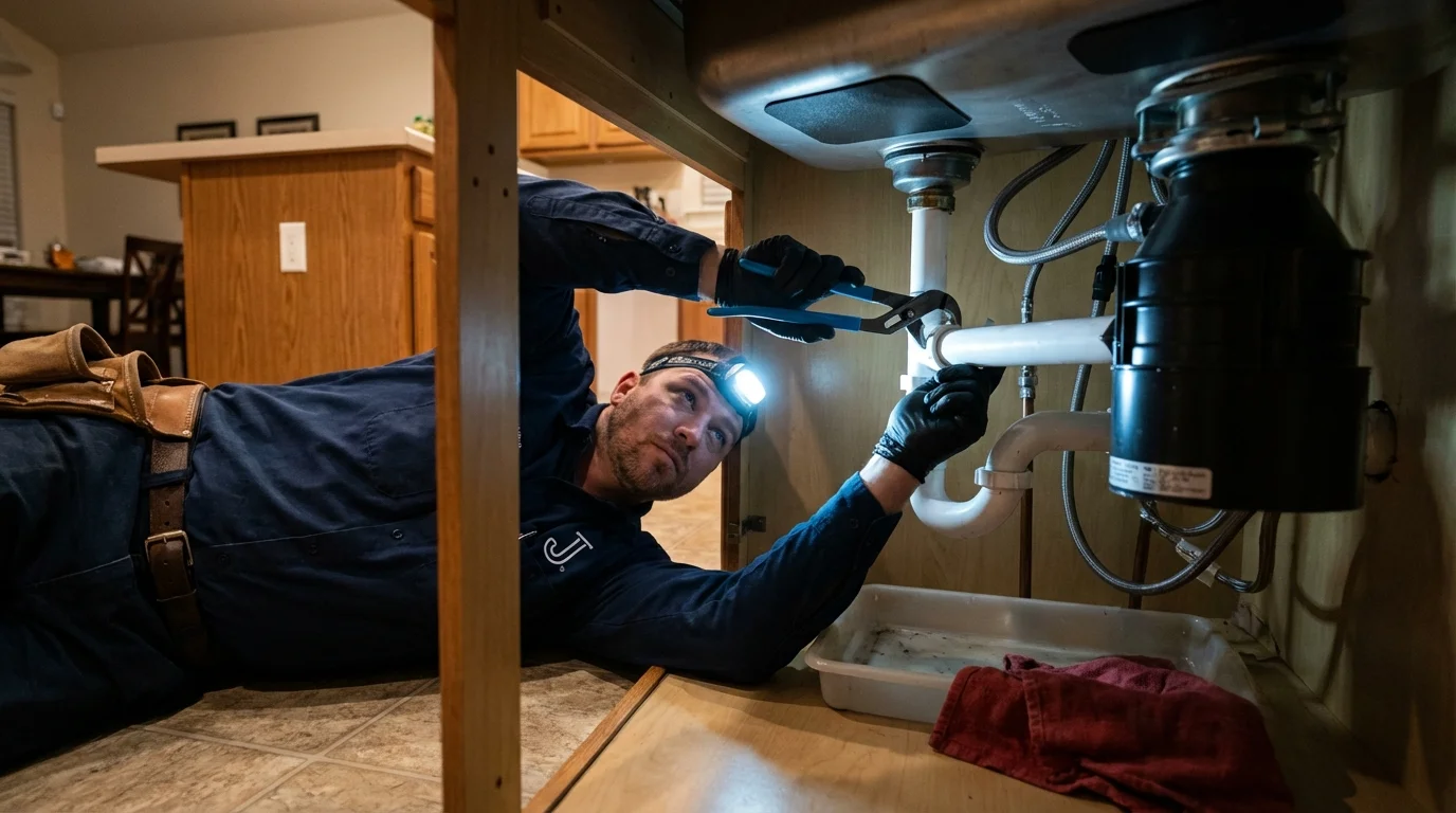 P-trap and supply line connections under a kitchen sink showing a common leak point in Chauvin, LA